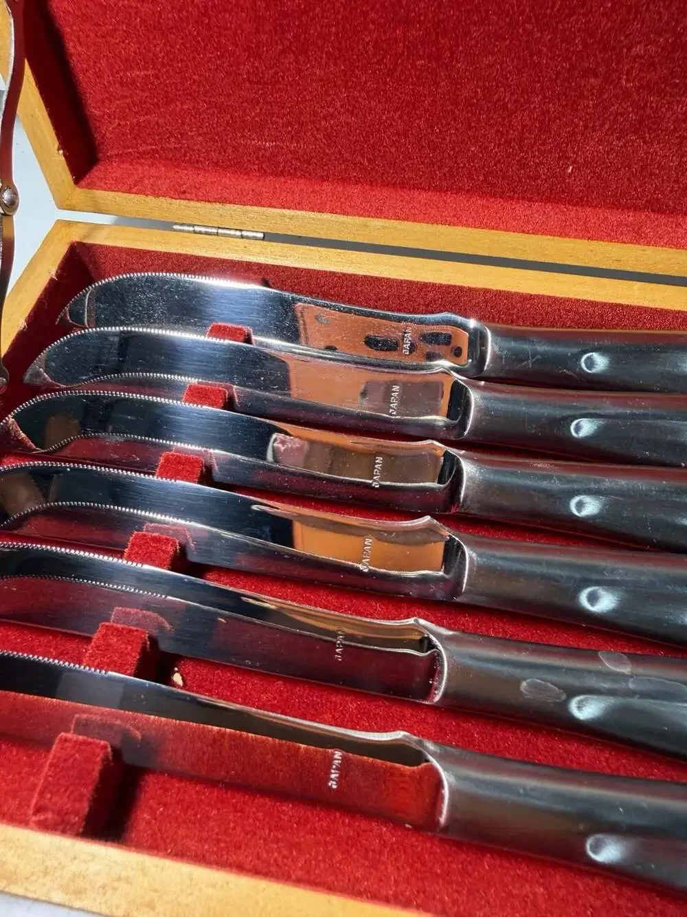 Vintage Stainless Steel Steak Knife Set of 6 in Wood Presentation Case, Japan